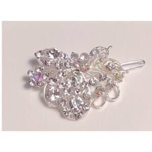 VTG Silver RHINESTONE HAIR BARRETTE Tige Boule Aurora Borealis Bridal 2.75”